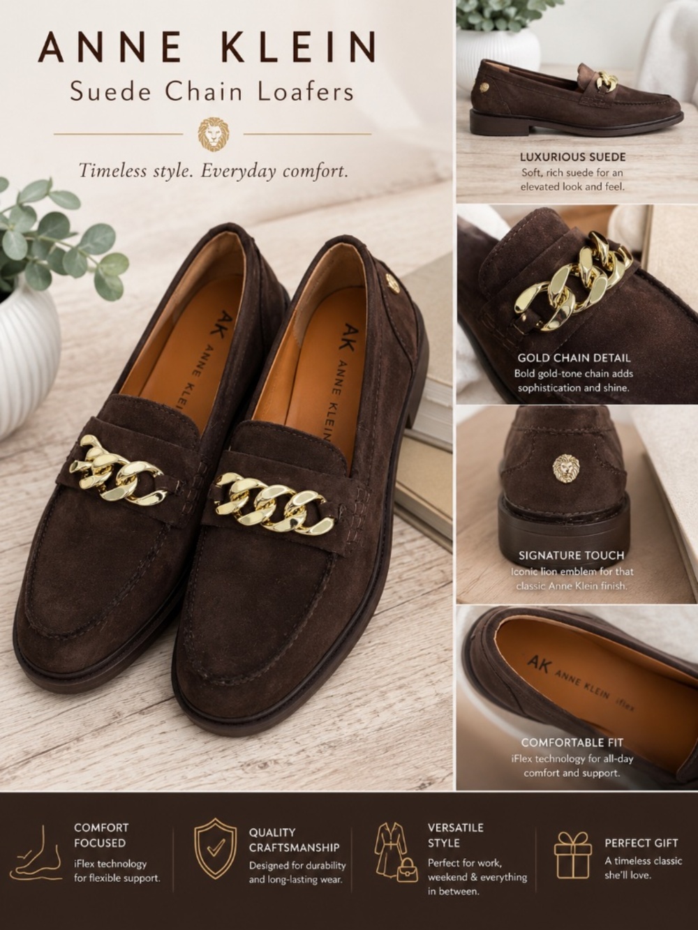 Anne Klein iFlex Brown Suede Chain Loafers | Gold Chain Detail | Size 8